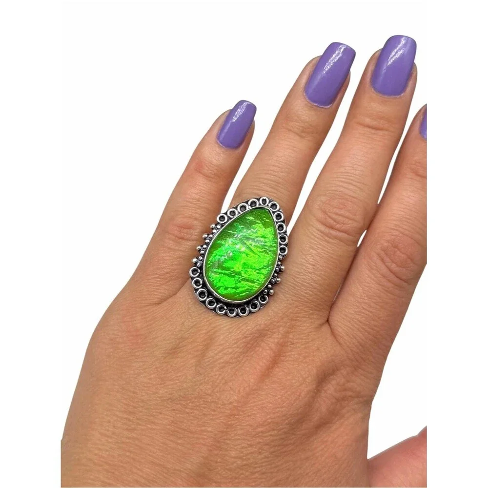 Green Triplet Opal Ring Size 7.5 925 Sterling Silver Overlay